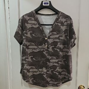 Shein Curve Olive Green Camouflage V-Neck Tee